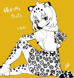 Rule 34 | 1girl, animal ears, artist name, blush, boots, closed mouth, elbow gloves, gloves, hatagaya, high heel boots, high heels, jaguar (kemono friends), jaguar ears, jaguar tail, kemono friends, looking at viewer, multicolored hair, partially colored, short hair, signature, simple background, sitting, skirt, solo, tail, thighhighs, yellow background