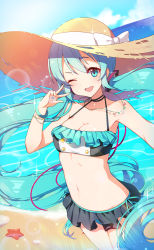 Rule 34 | 1girl, ;d, absurdly long hair, arm up, bad id, bad pixiv id, bare shoulders, beach, bikini, black bikini, blue eyes, blue hair, blue nails, blush, bow, breasts, cleavage, collarbone, commentary request, day, fingernails, hair between eyes, hair ornament, hat, hat bow, hatsune miku, head tilt, highres, jewelry, long hair, medium breasts, nail polish, necklace, ocean, one eye closed, open mouth, outdoors, round teeth, sand, seashell, shell, smile, solo, standing, starfish, straw hat, swimsuit, teeth, tp (kido 94), twintails, upper teeth only, v, very long hair, vocaloid, water, white bow