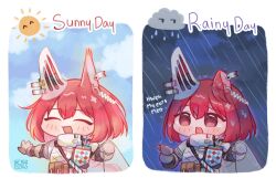 Rule 34 | 1girl, animal ears, arknights, blush, closed eyes, cloud, commentary, day, english commentary, english text, flametail (arknights), haaiiro, highres, open mouth, rain, red eyes, red hair, squirrel ears, squirrel girl, sun