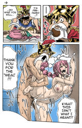 Rule 34 | 1boy, 1girl, against wall, armor, bare shoulders, barefoot, bent over, bouncing breasts, braid, breasts, comic, dungeon, english text, closed eyes, food, gladiator, hat, helmet, hetero, jaredofart, large breasts, leg lift, long hair, male pubic hair, monkey d. luffy, multi-tied hair, nipples, nude, oda eiichirou, one piece, parody, penis, pink hair, pubic hair, rebecca (one piece), sequential, sex, single braid, spread legs, standing, sweat, text focus, third-party edit, uncensored, vaginal