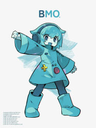 Rule 34 | 1other, :d, adventure time, aqua footwear, aqua pantyhose, aqua skirt, bmo, boots, commentary, d-pad, english commentary, full body, grey eyes, headphones, highres, humanization, long sleeves, looking at viewer, morizo (morizoshop), open mouth, pantyhose, short hair, simple background, skirt, smile, solo, white background, wide sleeves