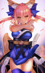 Rule 34 | 1girl, animal ear fluff, animal ears, blue kimono, blue ribbon, blue thighhighs, blush, breasts, commentary, commentary request, fate/extella, fate/extra, fate/extra ccc, fate/grand order, fate (series), fox, fox ears, fox girl, fox shadow puppet, fox tail, hair ribbon, hand gesture, highres, japanese clothes, kimono, large breasts, looking at viewer, m/, pink hair, ribbon, shadow puppet, shounen (hogehoge), sign language, solo, tail, tamamo (fate), tamamo no mae (fate/extra), thighhighs, yellow eyes