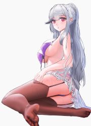 Rule 34 | 1girl, absurdres, ass, azur lane, bikini, black thighhighs, braid, breasts, crown braid, dunkerque (azur lane), dunkerque (summer sucre) (azur lane), front-tie bikini top, front-tie top, garter straps, grey hair, highres, large breasts, long hair, looking at viewer, official alternate costume, purple bikini, purple eyes, see-through, simple background, solo, swimsuit, thighhighs, thighs, untied bikini, water, way666666, wet, wet clothes, white background