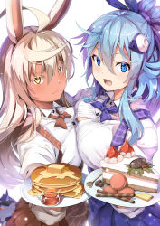 Rule 34 | 2girls, :3, :d, absurdres, ahoge, animal ears, backlighting, blackcurrant, blue eyes, blue hair, blue neckwear, blue ribbon, blue skirt, blurry, bow, bowtie, breast press, breasts, brown neckwear, brown skirt, butter, buttons, cake, closed mouth, collared shirt, colored eyelashes, commentary request, creature, currant, dark-skinned female, dark skin, depth of field, dessert, dress shirt, food, from side, fruit, hair between eyes, hair ornament, hair ribbon, highres, holding, holding plate, jug (bottle), large breasts, light particles, long hair, long sleeves, looking at viewer, looking to the side, loose bowtie, macaron, melting, multiple girls, open mouth, original, pancake, plaid, plaid skirt, plate, rabbit ears, ribbon, shirt, sidelocks, silver hair, skirt, smile, standing, strawberry, suspender skirt, suspenders, sweets, symmetrical docking, syrup, wafer stick, white background, white shirt, yellow eyes, zelitto