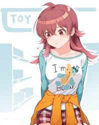 Rule 34 | 1girl, animal print, arms behind back, bear print, blush, closed mouth, clothes around waist, clothes writing, commentary request, english text, frown, idolmaster, idolmaster shiny colors, kamille (vcx68), komiya kaho, long hair, long sleeves, looking away, partial commentary, pink eyes, pink hair, plaid, plaid shorts, print shirt, raglan sleeves, red shorts, shirt, short shorts, shorts, solo, standing, white shirt