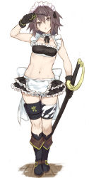 Rule 34 | 1girl, absurdres, alternate costume, alternate eye color, alternate hair color, apron, bikini, bikini top only, black bikini, black footwear, black gloves, boots, breasts, choker, enmaided, eyepatch, eyepatch pull, frilled apron, frilled bikini, frilled choker, frills, full body, gloves, goekawa, head tilt, highres, holding, holding weapon, kantai collection, kiso (kancolle), looking at viewer, maid, maid apron, maid bikini, maid headdress, miniskirt, navel, open mouth, pulled by self, scar, scar across eye, scar on face, short hair, skirt, small breasts, standing, swimsuit, sword, thigh gap, thighs, unconventional maid, waist apron, weapon, white apron