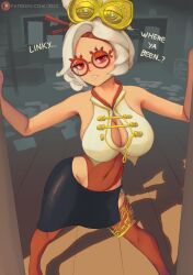 Rule 34 | 1girl, bare shoulders, black skirt, breasts, cleavage, cleavage cutout, clothing cutout, doorway, english text, glasses, highleg, highleg leotard, highres, large breasts, leotard, looking at viewer, nintendo, parted lips, pov doorway, purah, red-framed eyewear, red eyes, red leotard, red thighhighs, shadow, shirt, skirt, sleeveless, sleeveless shirt, solo, the legend of zelda, the legend of zelda: tears of the kingdom, thighhighs, zelc-face