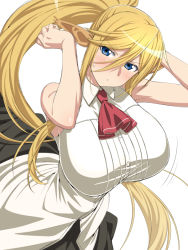 Rule 34 | 1girl, animal ears, arms up, bare shoulders, blonde hair, blue eyes, blush, breasts, centaur, centorea shianus, closed mouth, collared shirt, dress shirt, from above, head tilt, horse ears, huge breasts, loliconder, long hair, looking at viewer, monster girl, monster musume no iru nichijou, neckerchief, ponytail, shirt, simple background, sleeveless, sleeveless shirt, solo, taur, taut clothes, tight clothes, tight shirt, very long hair, white shirt, wing collar