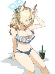 Rule 34 | 1girl, alternate costume, animal ear fluff, animal ears, arm up, bikini, blonde hair, blue archive, blue eyes, blue halo, breasts, cleavage, collarbone, cup, dao 18261, dog ears, drinking straw, extra ears, feet out of frame, frilled bikini top, hair over one eye, halo, highres, kanna (blue archive), large breasts, long hair, looking at viewer, notched ear, open mouth, shadow, simple background, sitting, small sweatdrop, solo, swimsuit, twitter username, white background