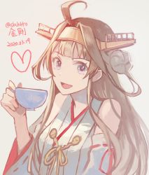 Rule 34 | 1girl, :d, ahoge, bare shoulders, brown hair, cup, dated, detached sleeves, grey background, hand up, heart, holding, holding cup, japanese clothes, kantai collection, kasumi (skchkko), kongou (kancolle), looking at viewer, miko, open mouth, purple eyes, signature, simple background, smile, solo, teacup, wide sleeves