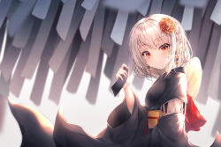 Rule 34 | 1girl, absurdres, azur lane, black kimono, blurry, blurry background, blush, breasts, butterfly earrings, closed mouth, commentary request, depth of field, earrings, flower, hair flower, hair ornament, hand fan, hand up, highres, holding, ichizon, japanese clothes, jewelry, kimono, long sleeves, looking at viewer, looking to the side, obi, paper fan, red eyes, red flower, sash, silver hair, sirius (azur lane), small breasts, smile, solo, tanabata, tanzaku, uchiwa, upper body, wide sleeves