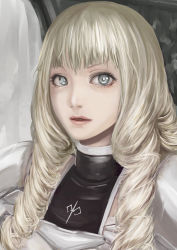 Rule 34 | 1girl, armor, blonde hair, bright pupils, character request, claymore (series), drill hair, grey eyes, lips, long hair, looking at viewer, parted lips, pauldrons, pink lips, shoulder armor, solo, tea (nakenashi), twin drills, upper body