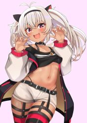 1girl antenna_hair belt black_choker black_shirt choker claw_pose cowboy_shot crop_top crop_top_overhang fangs hairband hands_up highleg highres jacket long_hair looking_at_viewer matsukai_mao midriff navel nijisanji off_shoulder open_clothes open_jacket open_mouth panty_straps red_eyes red_thighhighs shirt short_shorts shorts smile solo standing stomach thighhighs toriniku_(selene1050) twintails v-shaped_eyebrows virtual_youtuber white_hair white_jacket white_shorts