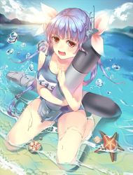 Rule 34 | 10s, 1girl, blue hair, fang, hair ribbon, hakufuu (9saigo), i-19 (kancolle), kantai collection, long hair, one-piece swimsuit, red eyes, ribbon, school swimsuit, starfish, swimsuit, torpedo, twintails