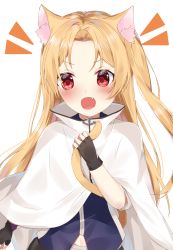 Rule 34 | 1girl, animal ears, azur lane, bad id, bad pixiv id, blonde hair, blue jacket, cape, cat ears, cat girl, cat tail, cleveland (azur lane), commentary request, excited, highres, holding, holding with tail, jacket, nonozaki, one side up, parted bangs, ponytail, prehensile tail, red eyes, solo, tail