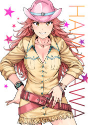 Rule 34 | 1girl, bracelet, breasts, brown eyes, character name, cleavage, coat, collarbone, cowboy hat, cowboy shot, curly hair, earrings, grin, hamakawa ayuna, hand on own hip, hat, highres, idolmaster, idolmaster cinderella girls, jewelry, long hair, looking at viewer, medium breasts, nail polish, necklace, pink hair, pink hat, ring, smile, solo, standing, tsurui, white background, wing collar, yellow coat, yellow nails