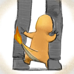 Rule 34 | 1other, charmander, commentary request, creatures (company), fire, fire, flame-tipped tail, from behind, fumuna, game freak, gen 1 pokemon, grey footwear, grey pants, holding, nintendo, pants, pokemon, pokemon (creature), shoes, sketch, standing