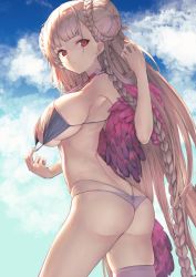 Rule 34 | 1girl, ass, azur lane, back, bare shoulders, bikini, blue sky, braid, braided bun, breasts, butt crack, choker, closed mouth, double bun, feather boa, formidable (azur lane), formidable (the lady of the beach) (azur lane), hair bun, highres, itaco, large breasts, long hair, looking at viewer, multi-strapped bikini bottom, multi-strapped bikini top, outdoors, pink choker, platinum blonde hair, red eyes, single thighhigh, sky, solo, swimsuit, thighhighs, thighs, very long hair