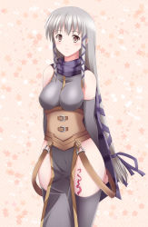 Rule 34 | 1girl, arms behind head, blush, breasts, clair lasbard, covered erect nipples, cross-laced clothes, elbow gloves, gloves, highres, hip focus, long hair, purple scarf, ribbon, sash, scarf, shizufa, silver hair, simple background, smile, solo, star (symbol), star ocean, star ocean till the end of time, starry background, striped clothes, striped scarf, suspenders, tattoo, thighhighs, yellow background