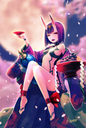 Rule 34 | 1girl, breasts, fate/grand order, fate (series), feet, highres, hironox, horns, japanese clothes, looking at viewer, oni, open mouth, purple eyes, purple hair, short hair, shuten douji (fate), skin-covered horns, small breasts, solo