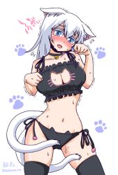 Rule 34 | 1girl, animal ear fluff, animal ears, bell, black panties, black thighhighs, blue eyes, blush, breasts, cat cutout, cat ear panties, cat ears, cat girl, cat lingerie, cat tail, choker, cleavage, cleavage cutout, clothing cutout, collar, cowboy shot, crying, crying with eyes open, ears down, embarrassed, fangs, jingle bell, large breasts, long hair, looking at viewer, meme attire, multiple tails, navel, neck bell, nekomata, open mouth, original, panties, paw pose, shake-o, side-tie panties, solo, sweat, tail, tears, thighhighs, trembling, twitter username, two tails, underwear, white hair