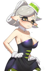 Rule 34 | 1girl, armpits, black dress, clothes lift, detached collar, dress, dress lift, earrings, eye mask, frown, gloves, hat, highres, idol, inkling, jewelry, lifting own clothes, marie (splatoon), medium hair, nintendo, pointy ears, puchiman, simple background, solo, splatoon (series), splatoon 1, sweat, tentacle hair, white background, white gloves, white hair, yellow eyes