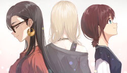 Rule 34 | 3girls, black-framed eyewear, black hair, black shirt, blue eyes, blue shirt, breasts, brown hair, character request, closed mouth, collared shirt, commentary, dededecopon, earrings, girls band cry, glasses, hair behind ear, highres, iseri nina, jewelry, kawaragi momoka, large breasts, layered sleeves, light brown hair, long hair, long sleeves, looking up, low twintails, multicolored hair, multiple girls, profile, red shirt, roots (hair), shirt, short hair, short over long sleeves, short sleeves, short twintails, single off shoulder, twintails, upper body