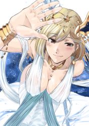 Rule 34 | 1girl, ao-yume, blush, bracelet, breasts, circlet, cleavage, covered erect nipples, djeeta (granblue fantasy), foreshortening, from above, granblue fantasy, highres, iatromantis (granblue fantasy), jewelry, no bra, revealing clothes, shawl, short hair, sideboob, simple background, smile, solo, white background