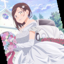 Rule 34 | 1girl, absurdres, bare shoulders, blush, bouquet, breasts, brown eyes, brown hair, car, church, collarbone, detached sleeves, dress, earrings, flower, getsuyoubi no tawawa, hair flower, hair ornament, highres, jewelry, kouhai-chan (tawawa), large breasts, looking at viewer, mole, mole under eye, motor vehicle, open mouth, screencap, short hair, smile, stitched, third-party edit, volkswagen, volkswagen beetle, wedding dress, white dress