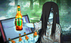 Rule 34 | 1girl, artist name, beer bottle, black eyes, black hair, cerveza cristal, colored skin, commentary, cooler, dress, english commentary, forest, glass bottle, highres, ice, long hair, looking at viewer, nature, outdoors, outstretched hand, product placement, scanlines, short sleeves, smile, solo, the ring, twitter username, upper body, very long hair, wallace pires, white dress, white skin, yamamura sadako