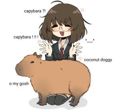Rule 34 | 1girl, animal, black thighhighs, brown hair, capybara, collared shirt, english text, glasses, highres, jpeg artifacts, kneeling, long sleeves, messy hair, necktie, office lady, original, over-kneehighs, real life, red necktie, shirt, short hair, snale, solo, thighhighs, white background, white shirt