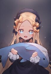 Rule 34 | 1girl, abigail williams (fate), black bow, black dress, black hat, blonde hair, blue eyes, blush, bow, breasts, dress, fate/grand order, fate (series), forehead, hair bow, hat, highres, long hair, long sleeves, miya (miyaruta), open mouth, orange bow, parted bangs, small breasts, smile, solo, stuffed animal, stuffed shark, stuffed toy