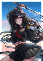 Rule 34 | 1girl, :o, arm up, artist name, black hair, black jacket, black sailor collar, black serafuku, black shirt, black skirt, blue eyes, blue nails, breasts, commentary request, dual wielding, fur-trimmed sleeves, fur trim, glint, hair between eyes, hakuda tofu, highres, holding, holding sword, holding weapon, jacket, katana, long hair, long sleeves, looking at viewer, mask, mask on head, medium breasts, midriff, nail polish, navel, neckerchief, open clothes, open jacket, original, parted lips, pleated skirt, red neckerchief, sailor collar, school uniform, serafuku, shirt, skirt, sleeves past wrists, solo, sword, very long hair, weapon, wolf mask