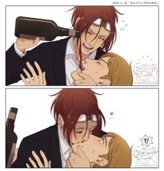 Rule 34 | 1boy, 4others, alcohol, black jacket, bottle, brown hair, closed eyes, comic, commentary, dated, goggles, goggles on head, hange zoe, hanpetos, heart, jacket, kiss, moblit berner, multiple others, open mouth, pouring, shingeki no kyojin, silent comic, smile, translation request, wine, wine bottle