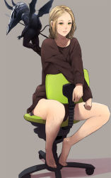 Rule 34 | 1girl, 666, blonde hair, bottomless, chair, demon, green eyes, grey background, horns, lips, mujiha, office chair, original, polearm, simple background, sitting, solo, spear, sweater, swivel chair, tattoo, weapon, wings