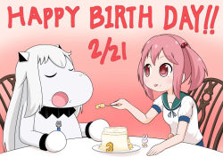 Rule 34 | abyssal ship, birthday cake, cake, chair, closed eyes, collar, commentary request, food, food on face, fork, gradient background, hair bobbles, hair ornament, happy, holding, holding food, holding fork, horns, kantai collection, long hair, mittens, moomin, muppo, northern ocean princess, open mouth, pink eyes, pink hair, rabbit, sazanami (kancolle), sazanami konami, school uniform, serafuku, short sleeves, sidelocks, sitting, table, twintails, white hair