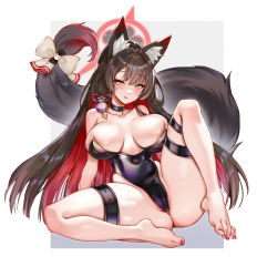 Rule 34 | 1girl, absurdres, animal ear fluff, animal ears, barefoot, black choker, black leotard, blue archive, blush, bow, breasts, breasts apart, brown hair, cameltoe, choker, cleft of venus, colored inner hair, fox ears, fox girl, fox tail, halo, highres, knee up, large breasts, large tail, leotard, long hair, multicolored hair, nail polish, parted lips, picter, red hair, red nails, resolution mismatch, revision, solo, source smaller, strapless, strapless leotard, tail, tail bow, tail ornament, thigh strap, toenail polish, toenails, very long hair, wakamo (blue archive), yellow eyes