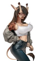 Rule 34 | 1girl, absurdres, animal ears, arm at side, artist name, bare shoulders, black hair, blue pants, body fur, breasts, brown fur, brown hair, cleavage, closed mouth, collarbone, cowboy shot, crop top, dated, denim, female focus, fur-tipped tail, furry, furry female, giraffe ears, giraffe girl, giraffe tail, gradient hair, grey jacket, hand on own hip, happy, high-waist pants, highres, jacket, jeans, jewelry, large breasts, long hair, looking to the side, midriff, multicolored fur, multicolored hair, multiple necklaces, navel, navel piercing, necklace, off shoulder, open clothes, open jacket, orange fur, original, pants, piercing, pocket, red eyes, shanher, shirt, signature, simple background, sleeveless, sleeveless shirt, smile, snout, solo, spaghetti strap, spotted fur, standing, stomach, tail, white background, white shirt, yellow fur