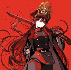 Rule 34 | 1girl, belt, black coat, black hair, black pants, closed mouth, coat, fate/grand order, fate (series), gun, hair between eyes, hands in pockets, hat, highres, holding, holding weapon, koha-ace, long hair, looking at viewer, military hat, military uniform, musket, oda nobunaga (fate), oda nobunaga (koha-ace), oda uri, open clothes, open coat, over shoulder, pants, peaked cap, red background, red eyes, signature, solo, twitter username, uniform, very long hair, weapon, weapon over shoulder, yui (tamagohan)