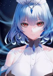 Rule 34 | 1girl, absurdres, bare shoulders, blue hair, breasts, expressionless, highres, large breasts, last origin, light blue hair, looking at viewer, maid headdress, night, night sky, red eyes, short hair, sky, solo, star (sky), starry sky, teddyellow, titania frost