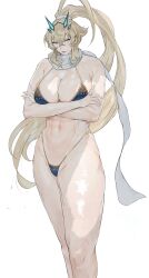 Rule 34 | 1girl, abs, absurdres, bare shoulders, barghest (fate), barghest (ice warrior) (fate), biceps, bikini, black bikini, blonde hair, breasts, cleavage, crossed arms, fate/grand order, fate (series), green eyes, hair ornament, hair scrunchie, heterochromia, high ponytail, highleg, highleg bikini, highres, horns, large breasts, long hair, looking at viewer, memory342, muscular, muscular female, navel, red eyes, scarf, scrunchie, sidelocks, solo, swimsuit, thick thighs, thighs, white scarf