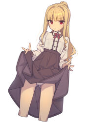 Rule 34 | 1girl, black skirt, blonde hair, blunt bangs, buttons, cameltoe, closed mouth, clothes lift, collared shirt, commentary, cropped legs, dot mouth, everyntrge, flashing, gluteal fold, high-waist skirt, lifted by self, light blush, long hair, long skirt, long sleeves, looking at viewer, original, paid reward available, panties, red eyes, red ribbon, ribbon, shirt, sidelocks, simple background, skirt, skirt lift, solo, underwear, white background, white panties, white shirt