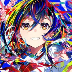 Rule 34 | 1girl, black hair, blue sailor collar, bow, branch, brown eyes, commentary request, egasumi, flower, grin, hair between eyes, highres, looking at viewer, mika pikazo, multicolored hair, original, pink flower, red bow, sailor collar, shirt, short sleeves, smile, solo, upper body, water, white shirt