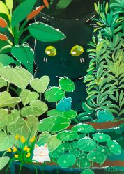 Rule 34 | 3others, animal focus, artist name, blush, bug, cat, flower, frog, green theme, highres, insect, ladybug, leaf, lily pad, looking at another, multiple others, no humans, original, plant, procreate (medium), soil, titsay, water drop, yellow eyes, yellow flower