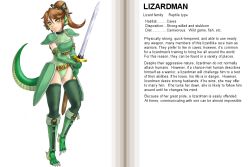 Rule 34 | 1girl, armor, bad link, belt, blush, boots, brown hair, character profile, claws, elbow gloves, english text, faulds, fins, gloves, green footwear, green leotard, hard-translated, head fins, kenkou cross, leotard, lizard, lizard tail, lizardman (monster girl encyclopedia), monster girl, monster girl encyclopedia, official art, ponytail, reptile, reptile girl, sheath, solo, sword, tail, thighhighs, third-party edit, translated, weapon, yellow eyes