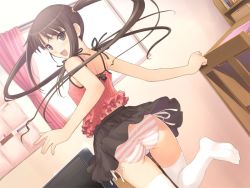 Rule 34 | 00s, 1girl, :d, ass, black hair, brown eyes, brown hair, camisole, covered erect nipples, fault!!, flat chest, frills, from behind, game cg, gathers, grey eyes, leg lift, legs, long hair, looking back, open mouth, panties, pantyshot, side-tie panties, skirt, smile, solo, spinning, striped clothes, striped panties, sugiyama mio, thighhighs, tony taka, trefoil, twintails, underwear, upskirt, very long hair, white thighhighs