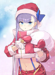 Rule 34 | 1girl, blue bow, blue eyes, blush, bow, breasts, christmas, coffeekite, fate/extra, fate/extra ccc, fate (series), fur trim, hair bow, hat, highres, long hair, long sleeves, looking at viewer, meltryllis (fate), merry christmas, midriff, mittens, navel, purple hair, red hat, red mittens, red skirt, sack, santa costume, santa hat, skirt, small breasts, snowing, suspenders, very long hair
