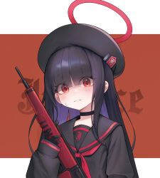 Rule 34 | 1girl, beret, black choker, black gloves, black hair, black headwear, black sailor collar, black serafuku, blue archive, blush, choker, commentary request, em-2, eyes visible through hair, gloves, gun, hair over eyes, halo, hat, highres, holding, holding gun, holding weapon, hoze, justice task force member (blue archive), long bangs, long hair, long sleeves, looking at viewer, neckerchief, red eyes, red halo, red neckerchief, rifle, sailor collar, school uniform, serafuku, sleeves past wrists, sweatdrop, weapon