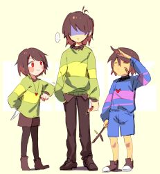 Rule 34 | ..., 3others, animification, antenna hair, arm up, bandaid, bandaid on face, blue shorts, blue sweater, boots, brown footwear, brown hair, brown pants, brown pantyhose, brown shirt, brown shorts, chara (undertale), clenched hand, closed eyes, closed mouth, colored skin, commentary request, deltarune, frisk (undertale), full body, green sweater, hair between eyes, hand in pocket, hand up, heart, heart necklace, holding, holding knife, holding pencil, holding stick, hrdrifter, jewelry, knife, kris (deltarune), leaf, long sleeves, looking at another, multiple others, necklace, pants, pantyhose, pencil, pocket, puffy long sleeves, puffy sleeves, red eyes, shirt, shoes, short hair, shorts, simple background, single stripe, smile, speech bubble, standing, stick, striped clothes, striped sweater, sweater, turtleneck, turtleneck sweater, undertale, yellow background, yellow skin