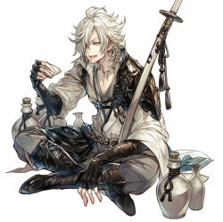 Rule 34 | 1boy, ahoge, black footwear, black gloves, boots, braid, collarbone, cup, fingerless gloves, gloves, gourd, hair over one eye, holding, holding cup, crossed legs, male focus, open mouth, original, scabbard, senano-yu, sheath, simple background, sitting, smile, solo, sword, weapon, white background, white hair, yellow eyes